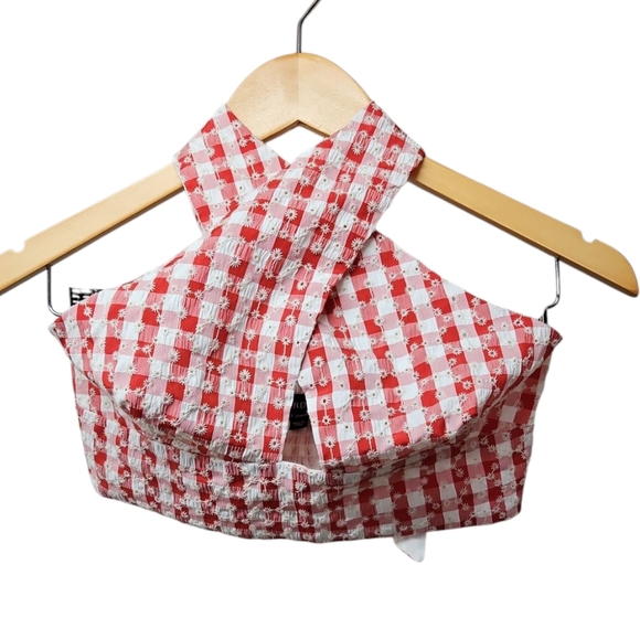 Bardot Red Gingham Printed Cross Strap Halter Top Sz 4 XS Womens - Picture 1 of 8